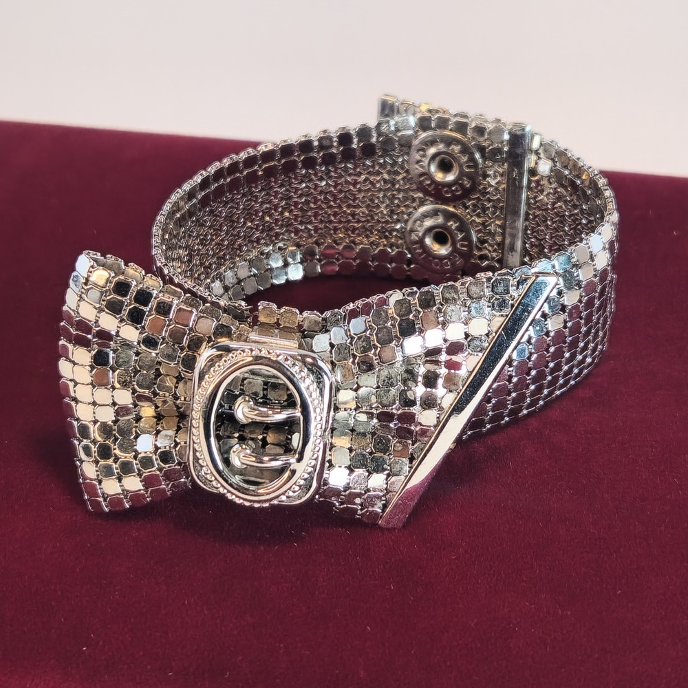 intage Silver Tone Metal Mesh Bow Cuff Bracelet RAU Fastener Co Snap